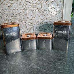 4  Vintage Lincoln Beautyware Metal Canisters With Copper Lids