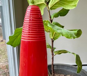 Handblown & Carved Glossy Red Cylindrical Vase. Handcrafted By A Local Guilford Artist