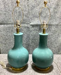 Pair Safavieh Aqua Ceramic Lamps With Brass Footings  Finials