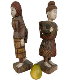 Pair Of Tall Primitive Wood Asian Figurines