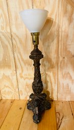 Tall Antique Lamp With Upright Milk Glass Shade