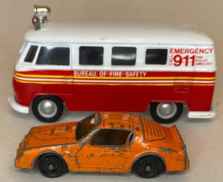 Lot Toys - Corgi - Bureau Of Fire Safety Emergency Vehicle VW Type 2 & Vintage Die Cast Pontiac Firebird 2