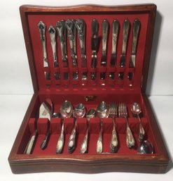 W.M. Rogers & Carlton Silver Plated Assorted Silverware & Wooden Chest