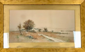 EDWARD LOYAL FIELD WATERCOLOR: Antique Landscape Painting, C. 1890, Farmhouse By Water, Sea, Boats, Tonalism