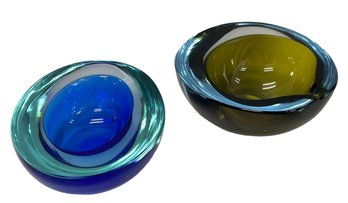 Pair Of Multi Hued Art Glass Bowls