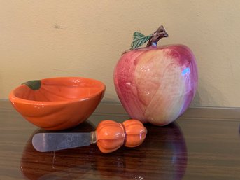 Vietri Ceramic Apple, Pumpkin Bowl & A Cheese Knife