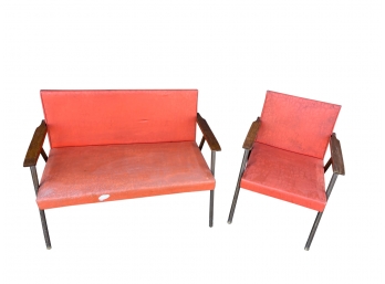 1960s MCM Metal And Orange Vinyl Bench And Chair