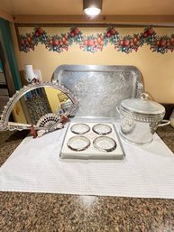 Hammered Aluminum Tray, Aluminum Ice Bucket, Mirrored Fan, Coasters,