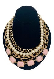 Gold Tone Faux Pearl And Pink Acrylic Stone Necklace