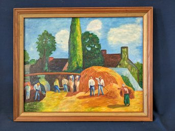 Stylistic Painting On Canvas Of Workers Haying