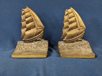 Brass Plated Cast Iron Bradley And Hubbard Sailing Ship Bookends