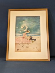 Mary Petty Framed Offset Lithograph Of Young Woman And Dog At The Beach
