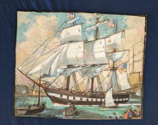 Connecticut Illustration Artist J. D. Whiting Painting On Paper Of A Large Ship (Frigate?)