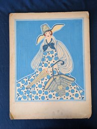 Signed Listed Artist Julia Manley Original Illustration Stylish Lady In Blue