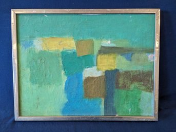 Mid Century Modern Abstract Painting Of Green, Blue, And Yellow Swatches