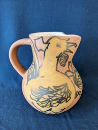 Signed Terra Cotta Pitcher With Modernist Chicken And Sunflower Design