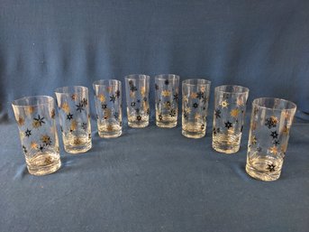 Vintage Mid Century Modern Set Of Eight (8) Vintage Federal Glasses With Black And Gold Snow Flakes