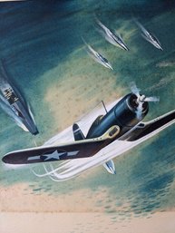 Bomber Plane (Vought F4U Corsair) Over Battleships Illustration