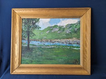 Signed Vermont Artist Wally Ames Oil On Masonite Landscape