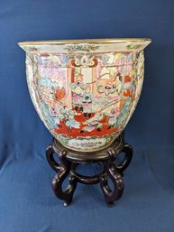 Hand Painted Asian Jardinere / Fish Bowl On Wood Base Signed In Characters On The Bottom