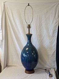 Large Mid Century Modern Pottery Blue Drip Glaze With Wood Base