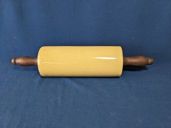 Rare Yellow Ware Pottery Rolling Pin With Wood Handles