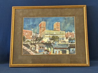 Signed Oscar Watercolor And Gouache Painting Of A Harbor At Night