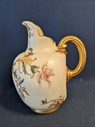 Royal Worcester English Pitcher With Floral Decorations And Gold Accents