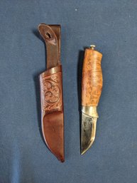 7' Long Brusletto Burl Wood Handle Knife From Norway With Leather Sheath