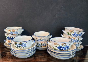 Beautiful Hand-decorated Chinese Imported Double Handle Earthenware Soup Bowls With Saucers