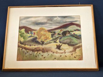 Listed American Artist Henry Gorski 1948 Watercolor Painting Farm Season In Autumn