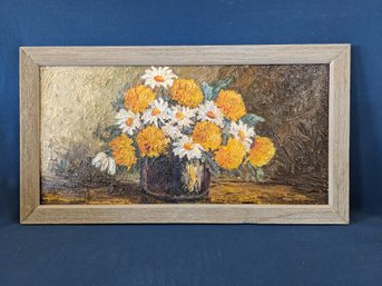 Signed Oil On Artist Board Mid Century Modern Floral Still Life Yellow Mums