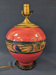 Painted Pottery Lamp With Wood Asian Base