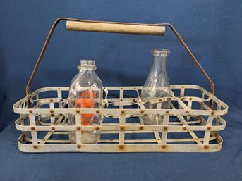 Vintage Metal And Wood Milk Carrier With Two Milk Bottles