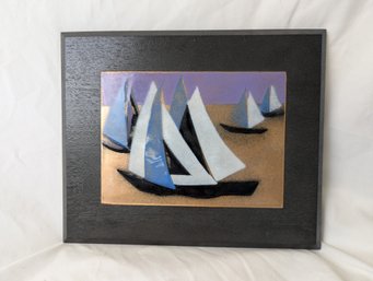 Enamel On Copper Sailboat Scene Plaque