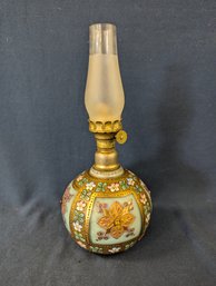 Small Antique Hand Painted Satin Glass Oil Lamp