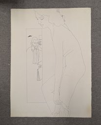 Richard Gangel Line Drawing Nude Woman With Man On The Phone (!?)