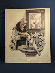 Signed Illustration Art Painting Of St Francis Of Assisi With Doves And Peace Lillies