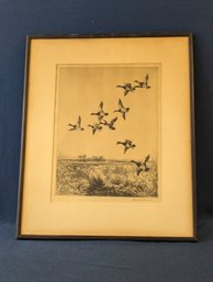 Pencil Signed Roland Clark 'Redheads Over The Marsh' Original Etching With Label