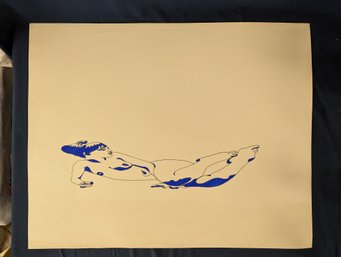 Unsigned Richard Gangel Line Drawing Nude Woman With Pools Of Blue Saturation