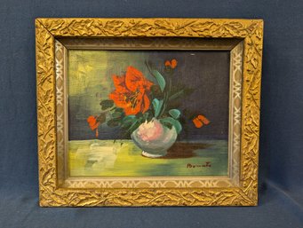 Signed Red Flower Painting On Artist Board In Ornate Antique Frame