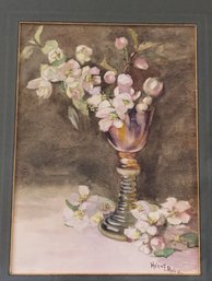 Signed Helen E. Roby Watercolor Still Life Floral Painting Of Apple Blossoms