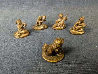 Set Of 5 Bronze Asian Seals / Stamps - Lion And Musicians