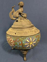 Chinese (?) Cloisonne Censor / Incense Burner With Foo Dog / Dragon On Top