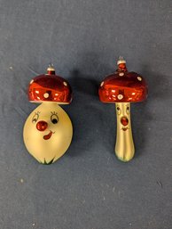 Pair Of Blown Glass Anthropomorphic Mushroom (!) Ornaments