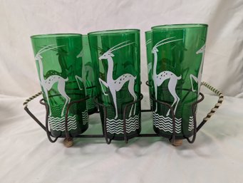 Art Deco 6 Green Glass Gazelle Set With Carrier