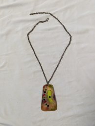 Mid Century Modern Enamel Over Copper Pendant Necklace Signed