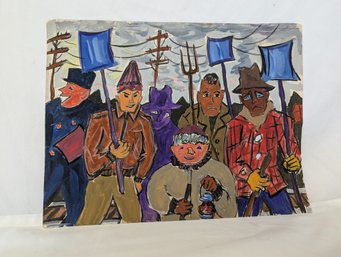 Signed Charles Ramsey, Jr. Railroad Artist Outsider Fantasy Art Painting 'The Mob'