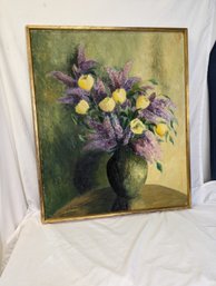 Large Signed Still Life Floral Painting Lilacs And Tulips