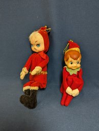 Two Vintage Christmas Decorations / Ornaments Knee Hugger Sitting Elf / Elves